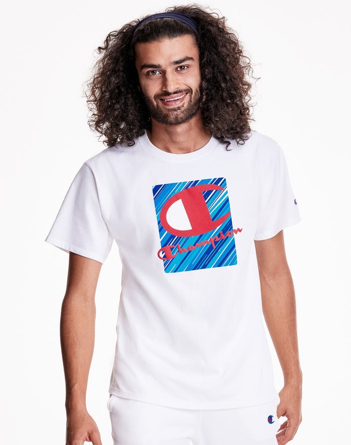 Champion Mens T-Shirt NZ - Classic Jersey Inset Rectangle Logo White ( 6718-QUXTH )